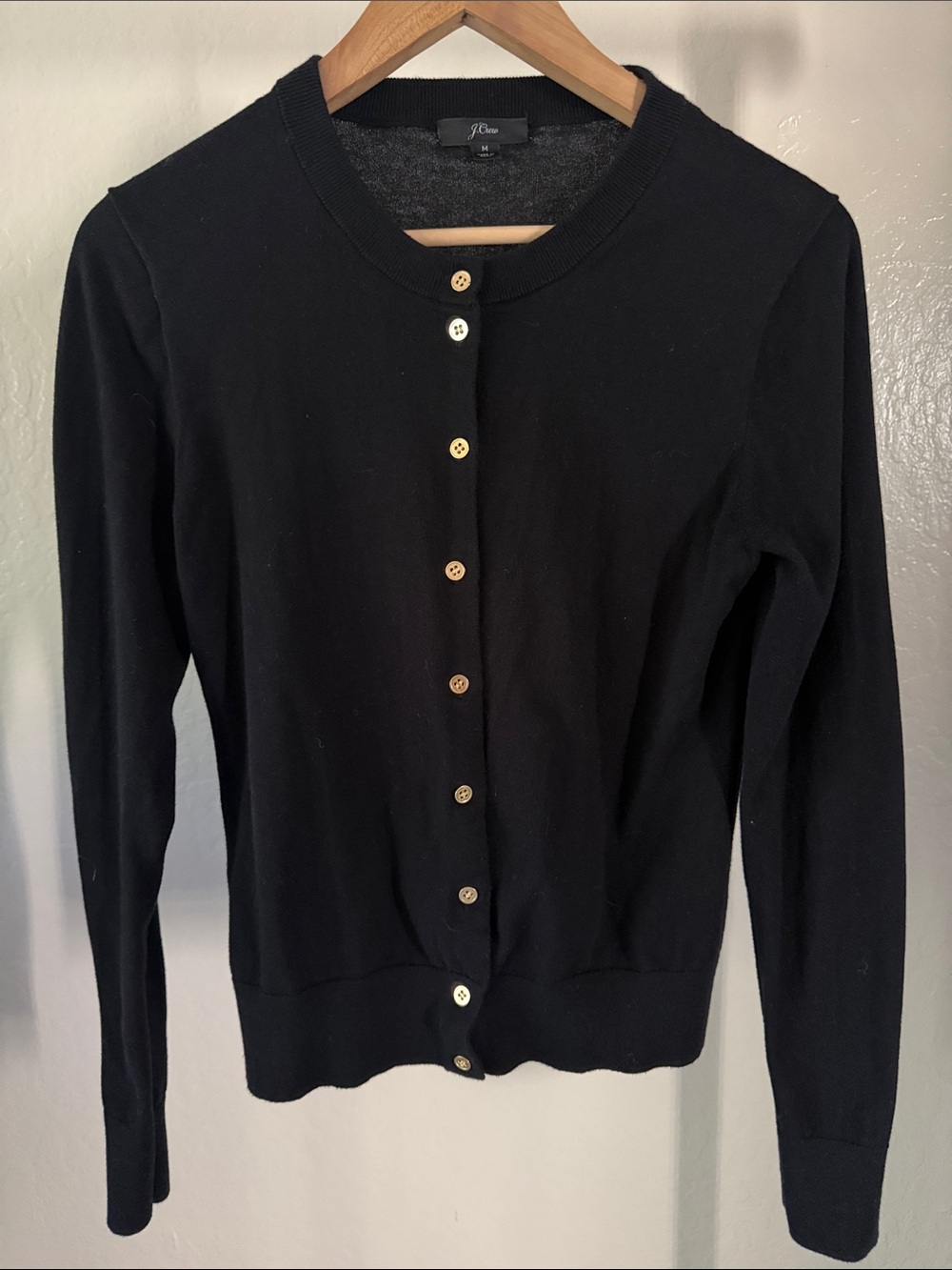 J. Crew Black Knit Crewneck Cardigan Sweater with Gold Buttons Size M